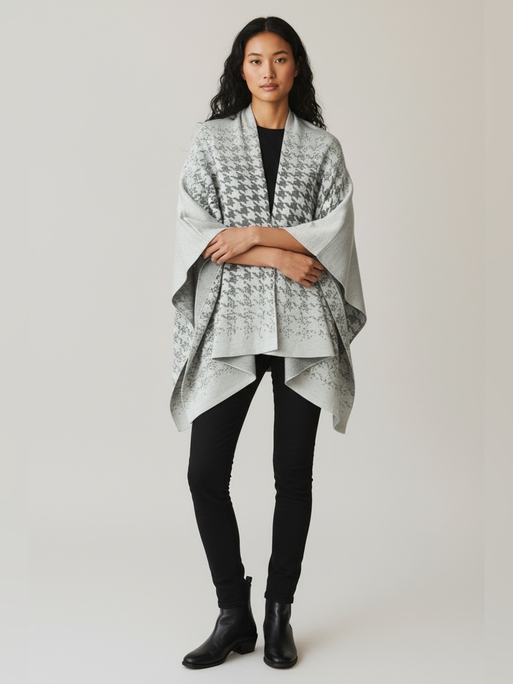 Chico's Ombre Houndstooth Jacquard Ruana Open Front Elegant Poncho Wrap NWT - OS